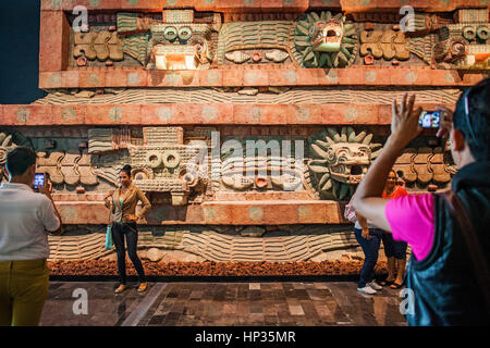 Replica, `Piramide de la serpiente emplumada´, Pyramid of the Feathered Serpent, or snake,from Teotihuacan, National Museum Anthropology. Mexico City. Stock Photo